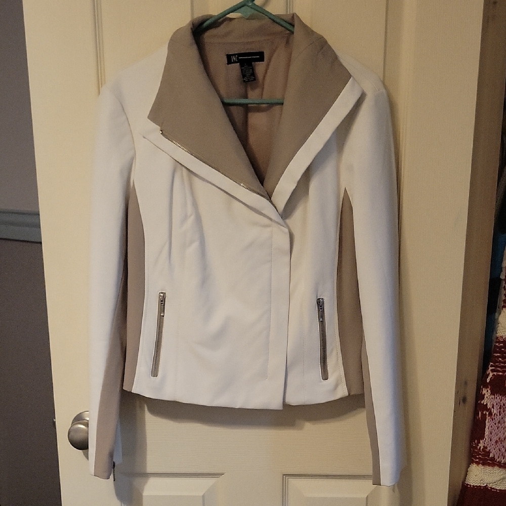 INC International Concepts Cream and Tan Moto Style Jacket with Zipper Details